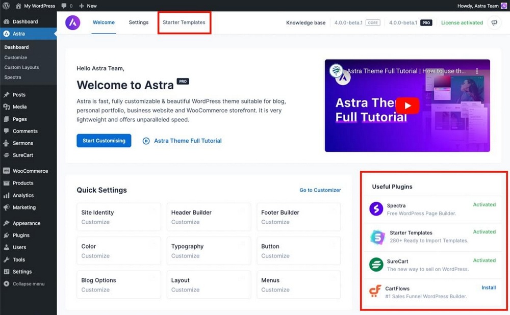 Astra Starter Templates und nützliche Plugins