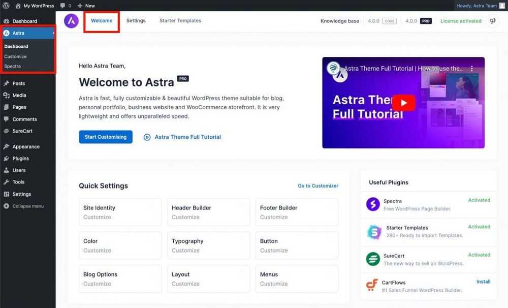 Neues Astra 4.0 Dashboard und Willkommens-Tab