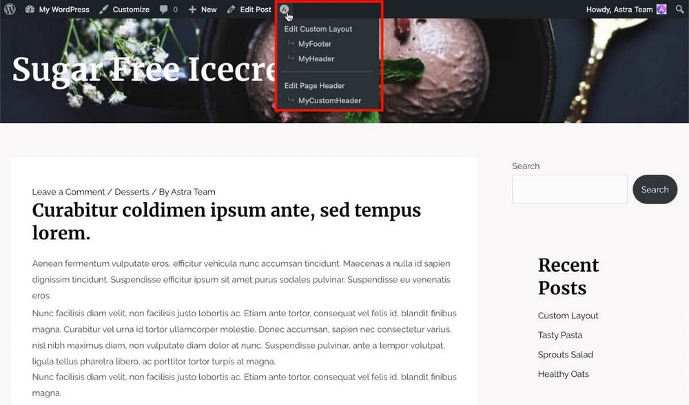 Schnellbearbeitungslinks für benutzerdefinierte Layouts und Seitenkopfzeilen