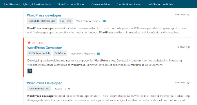 WordPress 开发人员在 FlexJobs 上发帖 WordPress developer posts on FlexJobs