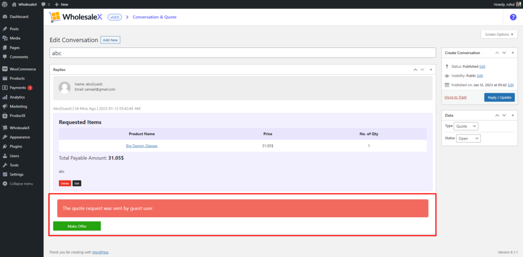 WooCommerce 请求报价:通过 WholesaleX 立即获得最优惠的价格! 18 Make Offer to Guest User as Admin