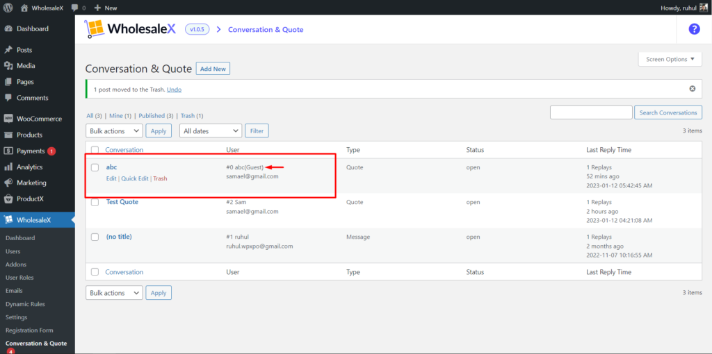 WooCommerce 请求报价:通过 WholesaleX 立即获得最优惠的价格! 17 Guest User Quotation General View from Admin Panel