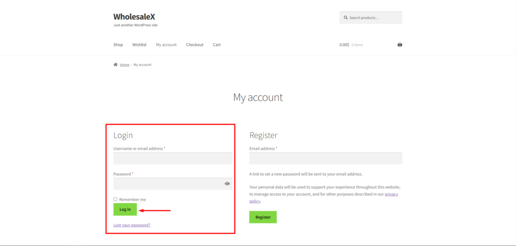 WooCommerce 请求报价:通过 WholesaleX 立即获得最优惠的价格! 4个 WholesaleX Log In Page for Registered User