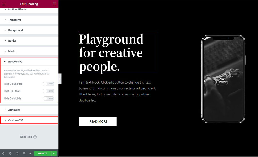 Elementor Responsive și opțiune CSS personalizată