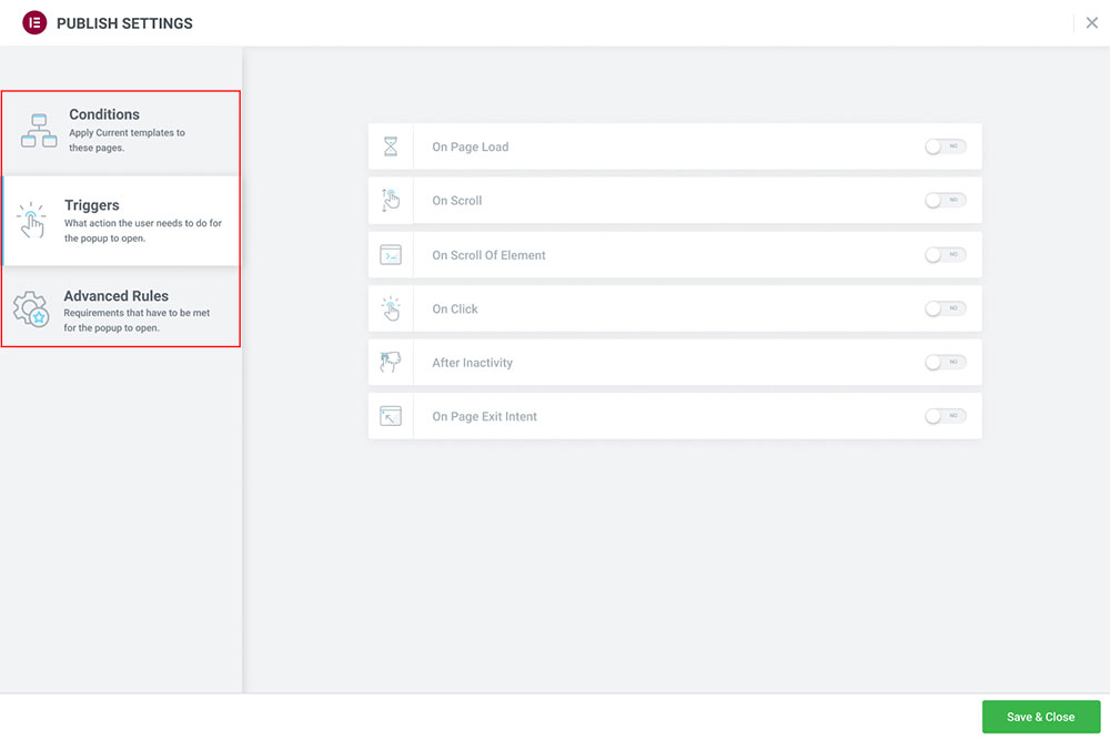 Elementor Popup Direcționare și opțiune de declanșare