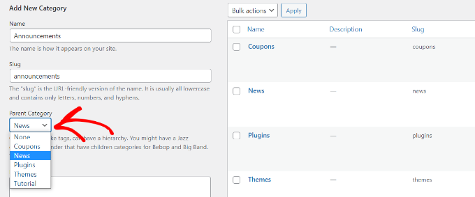 เลือกหมวดหมู่หลักใน WordPress Select a parent category in WordPress