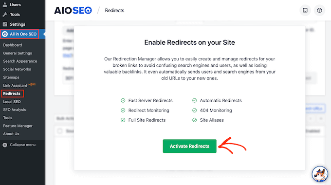 การเปิดใช้งานคุณลักษณะการเปลี่ยนเส้นทาง AIOSEO Activating the AIOSEO redirect feature