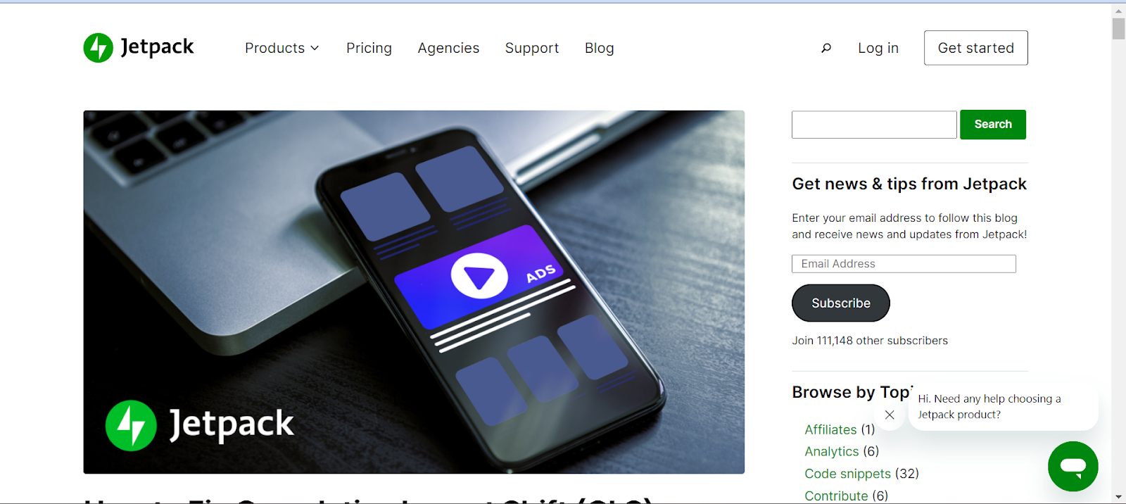 esempio di contenuto above the fold sul sito Jetpack