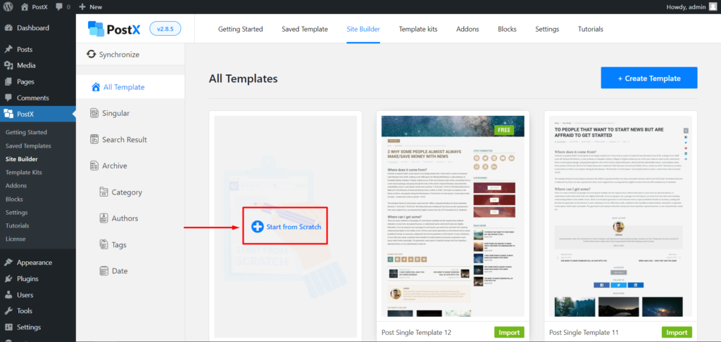 Come aggiungere miniature video in primo piano in WordPress con PostX 6 PostX Singular Template Start from Scratch