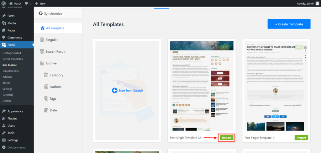 Come aggiungere miniature video in primo piano in WordPress con PostX 7 PostX Singular Template Importing Premade Templates