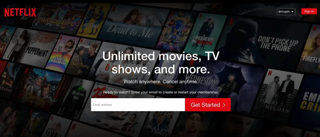 Pagina Netflix con film popolari, programmi TV sullo sfondo, intestazione, sottotitolo e pulsante di ricerca per iniziare