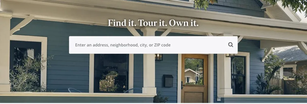 Pagina Zillow con titolo in alto e barra di ricerca sotto di esso
