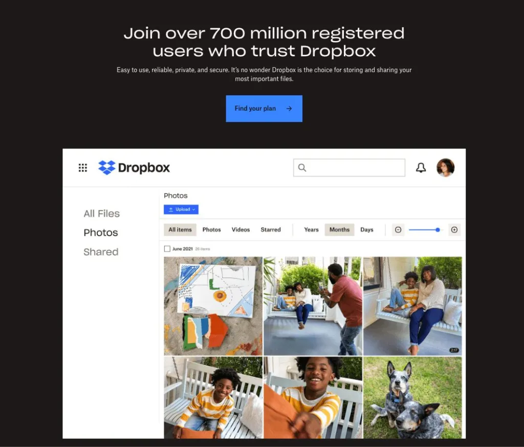 Pagina Dropbox con il titolo, il pulsante per avviare il piano, il pulsante di caricamento e le immagini sottostanti