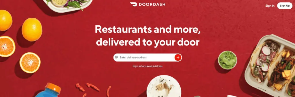 Door Dash Page con il menu/modulo dell'indirizzo di casa proprio sotto il titolo