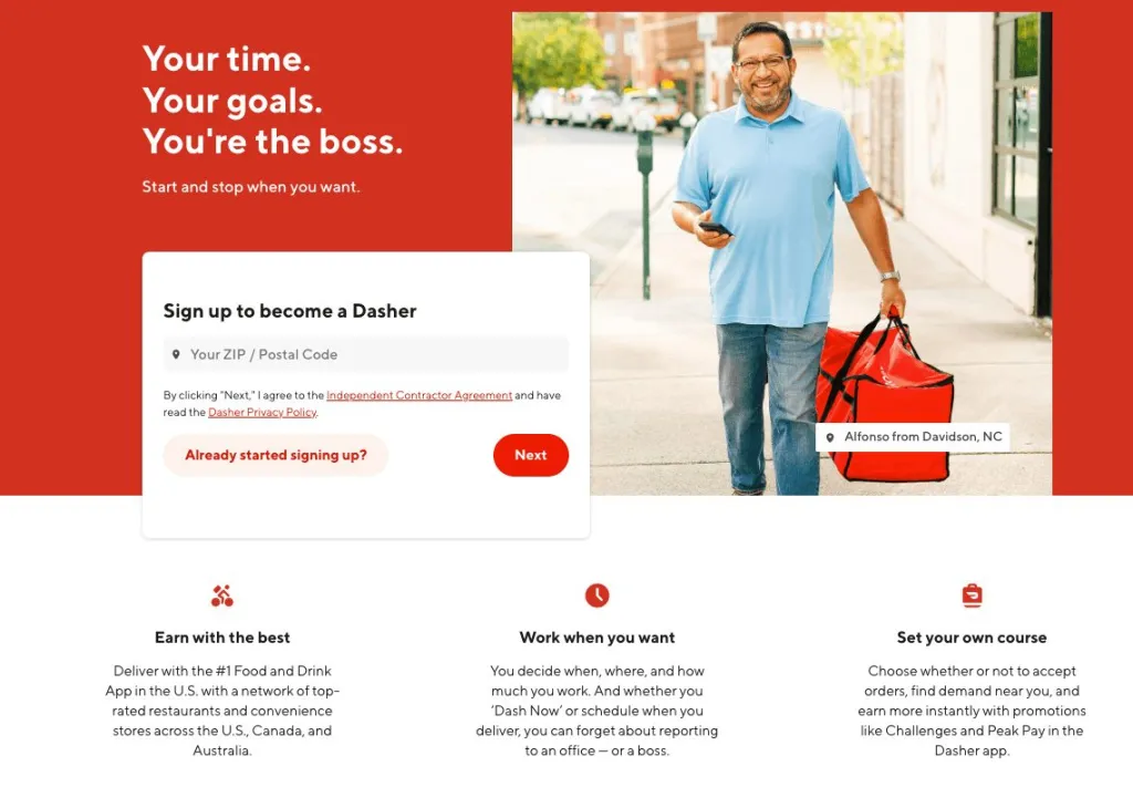 Pagina di registrazione del conducente DoorDash con titolo, foto e indicazioni da seguire