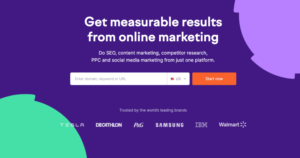 Pagina Semrush con titolo in alto, pulsante di ricerca e aziende con cui hanno lavorato in basso