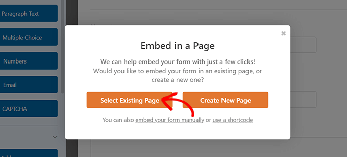 wybierz opcję istniejącej strony Select existing page option