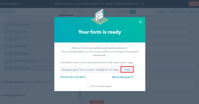 wyskakujące okienko z krótkim kodem Copy the shortcode