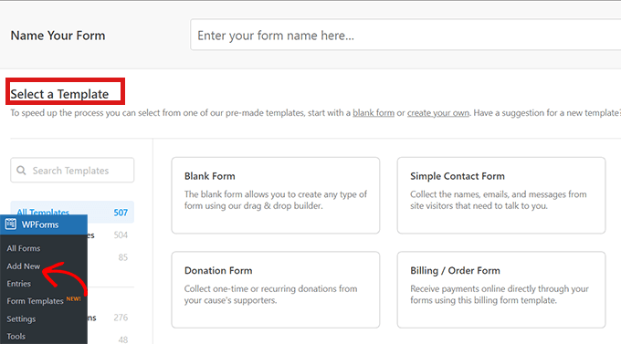 wybierz-wpform-szablon Select a template for yourself from the WPForms template library