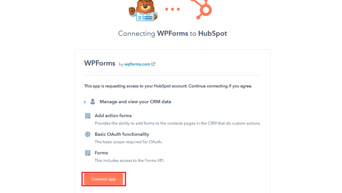 connect-hubspot-and-wpforms Click Connect App button to connect WPForms and HubSpot