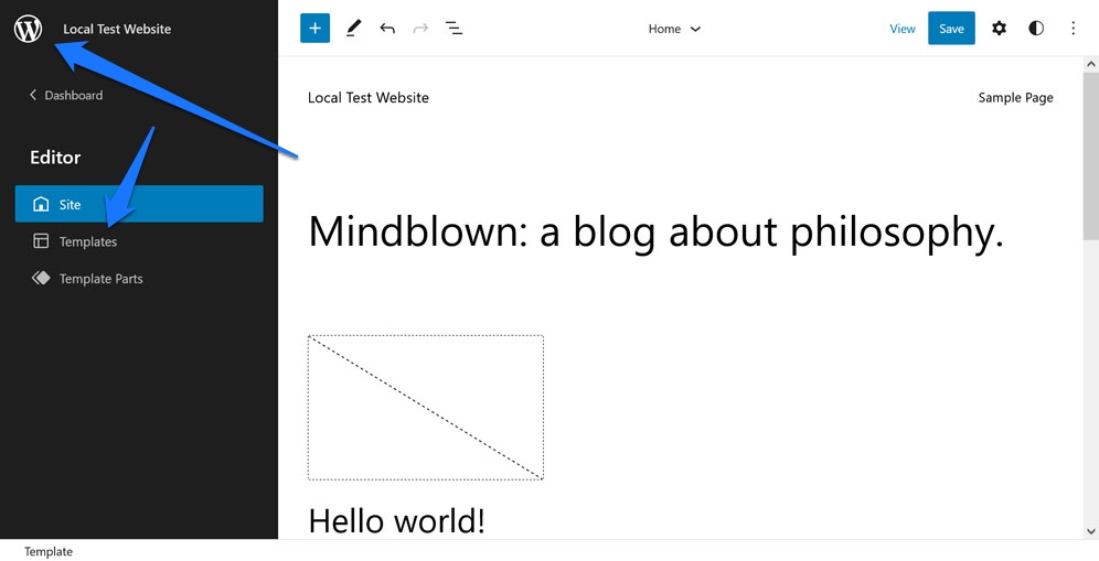 accedere al menu dei modelli nell'editor del sito