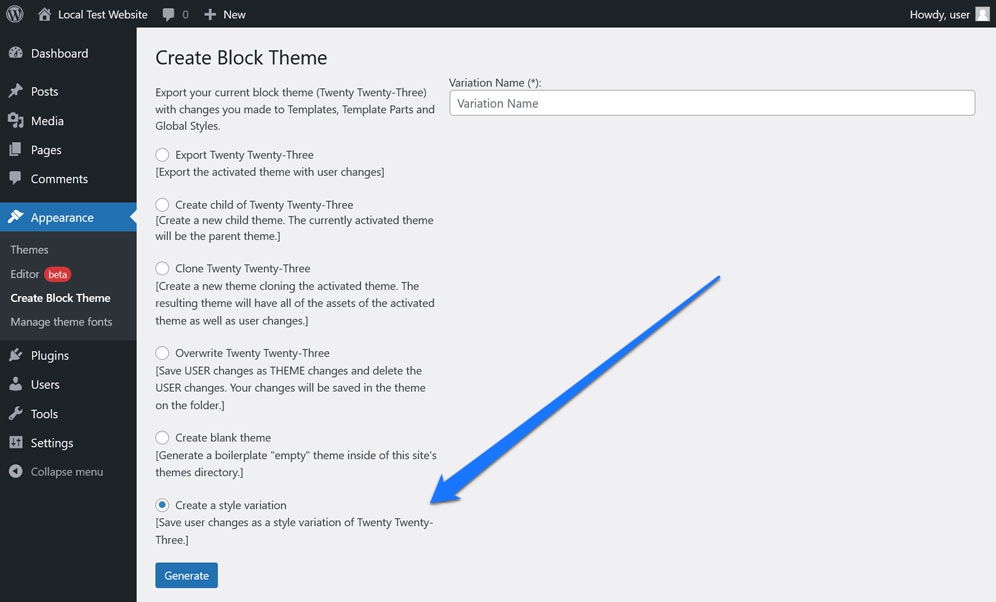 crea variazioni di stile con il plug-in Crea tema a blocchi