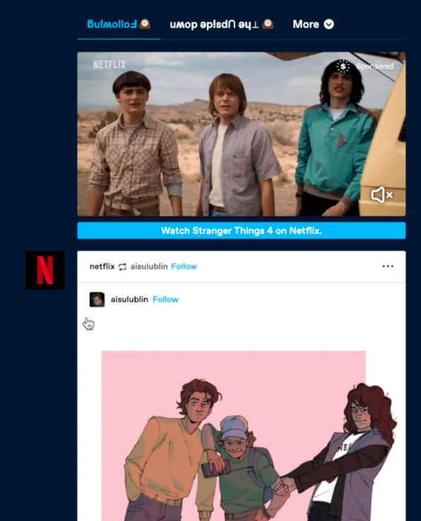 ストレンジャー・シングスの「Upside Down」カスタム Tumblr ダッシュボード ページの例