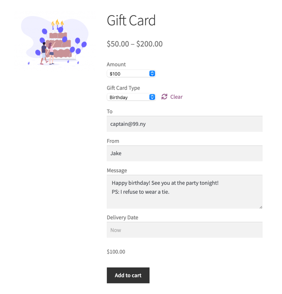 Prodotto di carta regalo WooCommerce generato