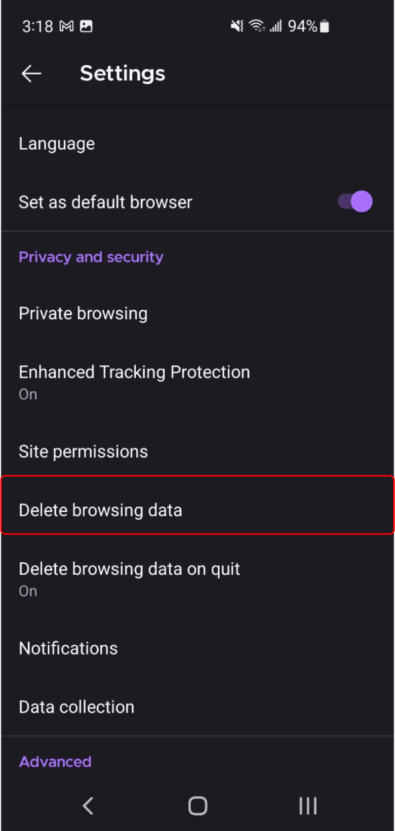 Elimina sezione dati di navigazione - Passaggio 3 - Fonte: Firefox