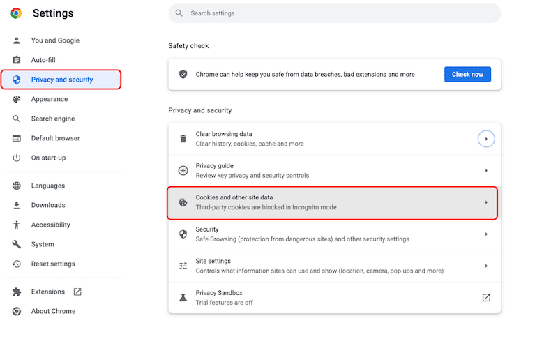 Cancellazione dei cookie di terze parti su Google Chrome - Passaggio 1 - Fonte: Impostazioni di Chrome