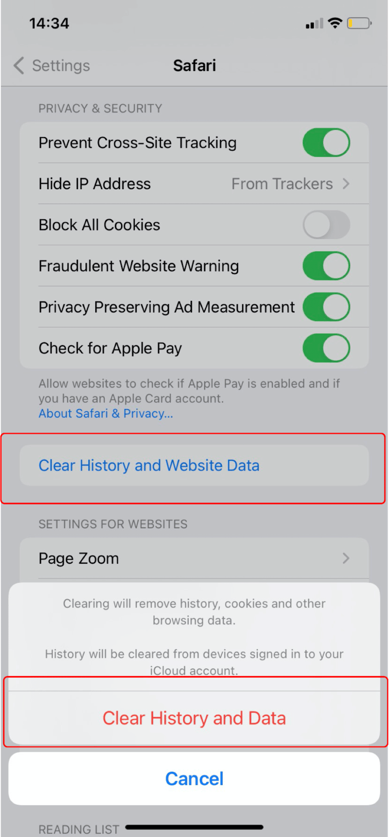 Cancellazione della cache e dei cookie su iPhone - Passaggio 2 - Fonte: iOS