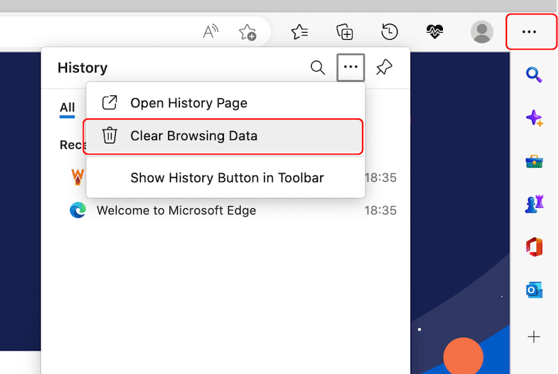 Cancellazione della cache e dei cookie su Microsoft Edge - Passaggio 1 - Fonte: Microsoft Edge
