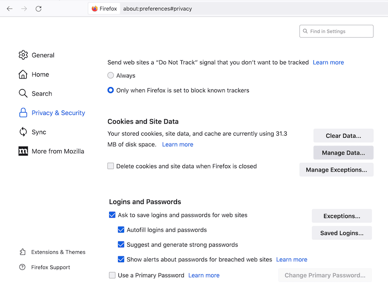 Sezione Privacy e sicurezza - Fonte: Firefox