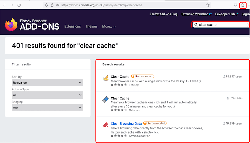 Componenti aggiuntivi Cancella cache - Fonte: Firefox