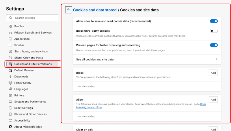 Gestione dei cookie dalle Impostazioni - Fonte: Microsoft Edge