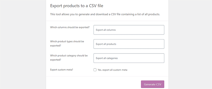 Standardoptionen für den Export von WooCommerce-Produkten Default WooCommerce product export options