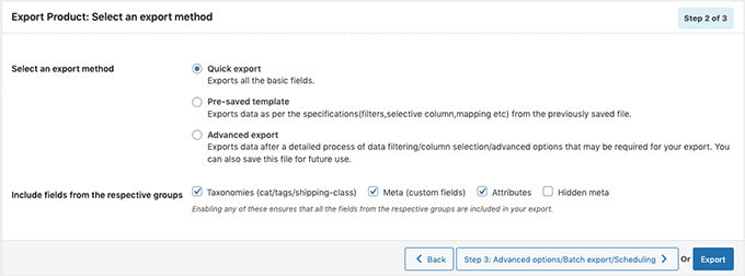 Schnelle Exportmethode Quick export method