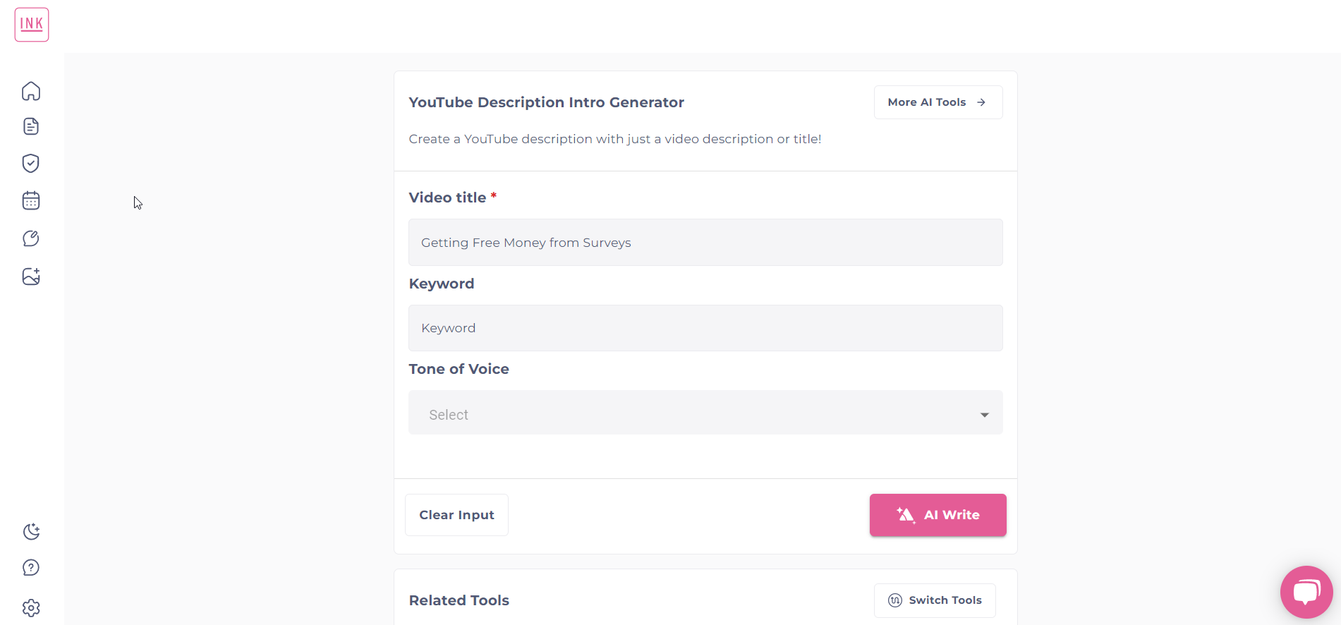 Ink - generator de descriere video YouTube