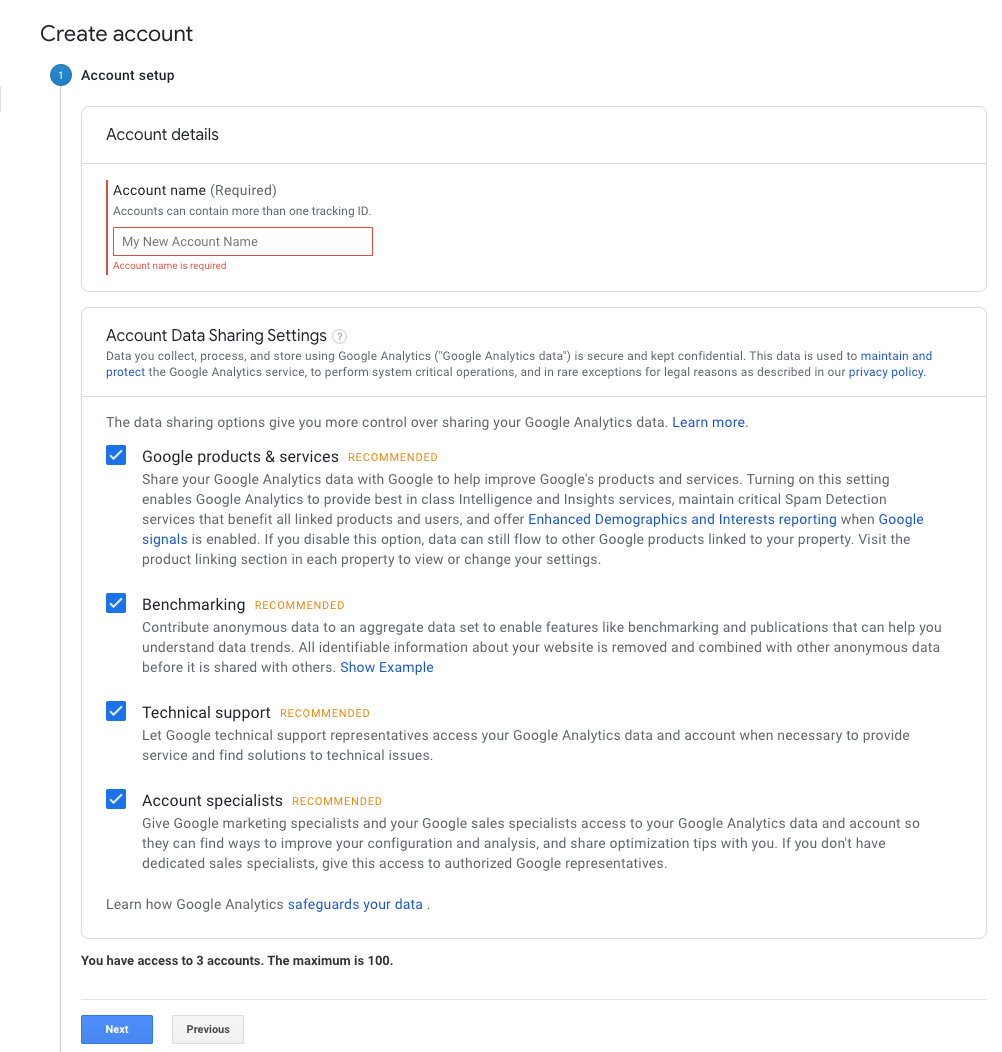 creați un nume de cont în Google Analytics