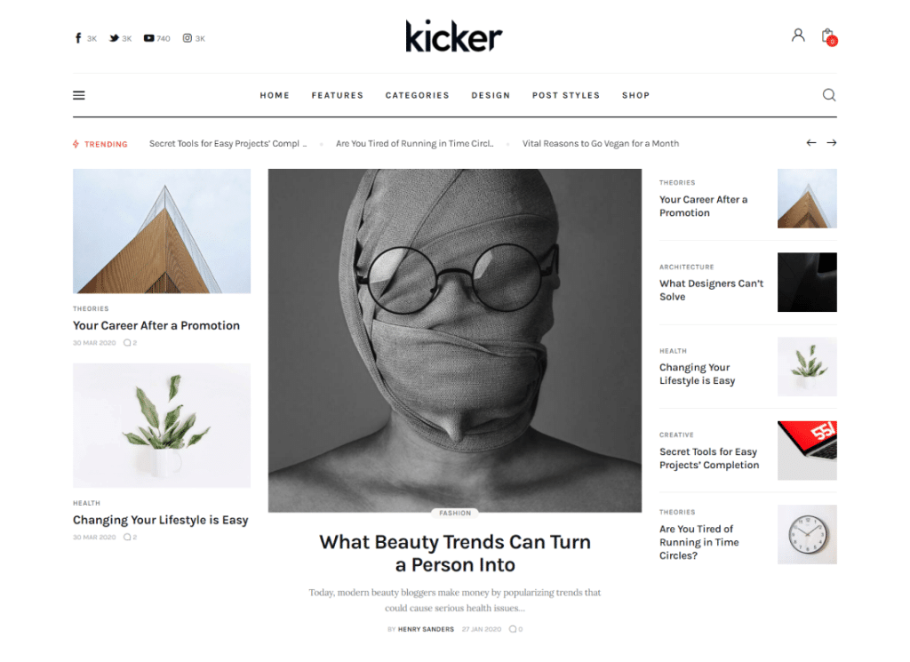 Kicker - 다목적 블로그 매거진 WordPress Theme