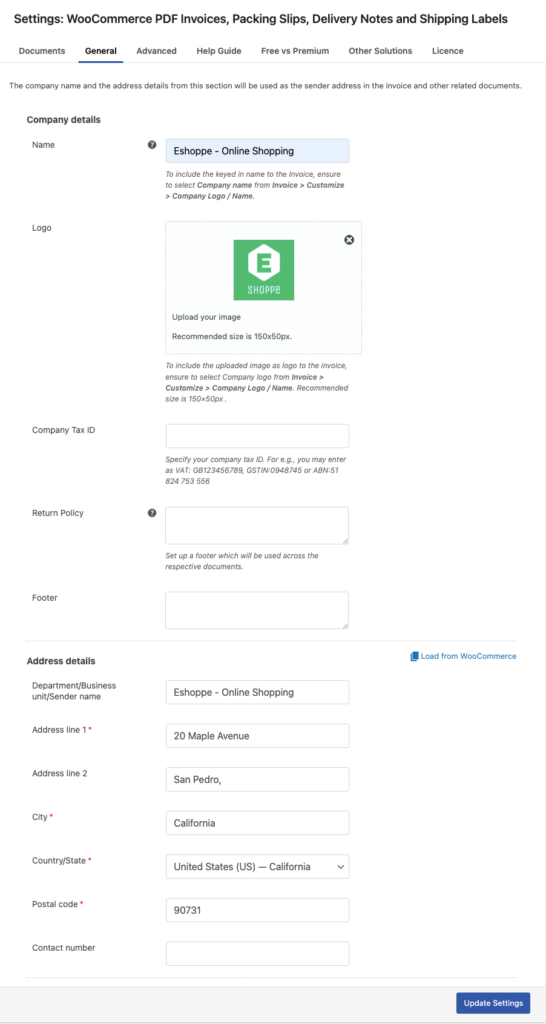 Pengaturan umum untuk Faktur WooCommerce
