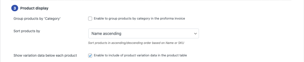 Pengaturan tampilan produk untuk faktur proforma WooCommerce
