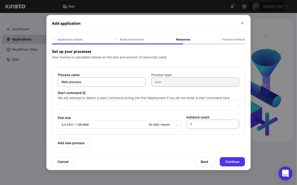 Proses penyiapan aplikasi MyKinsta