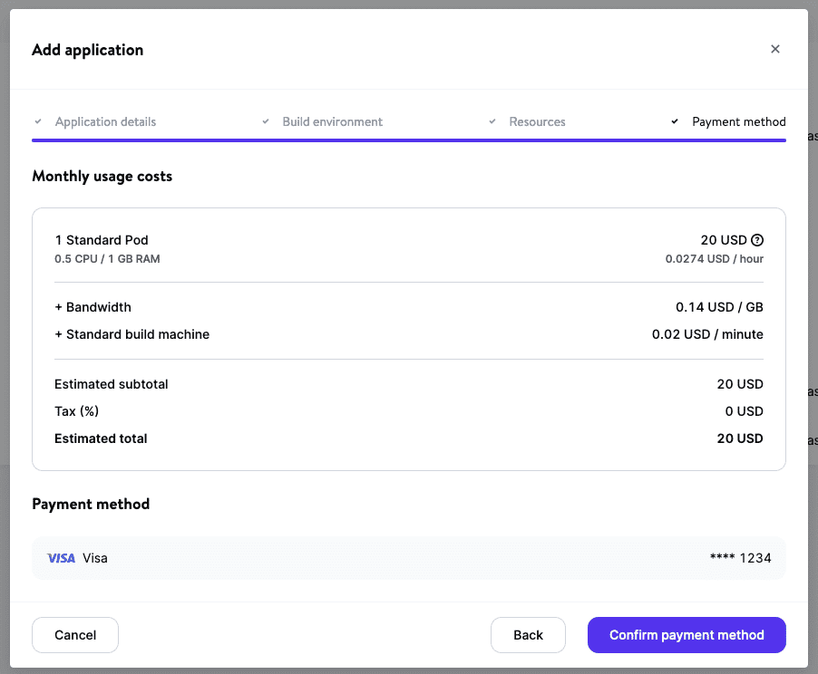 Mengonfirmasi detail pembayaran untuk MyKinsta