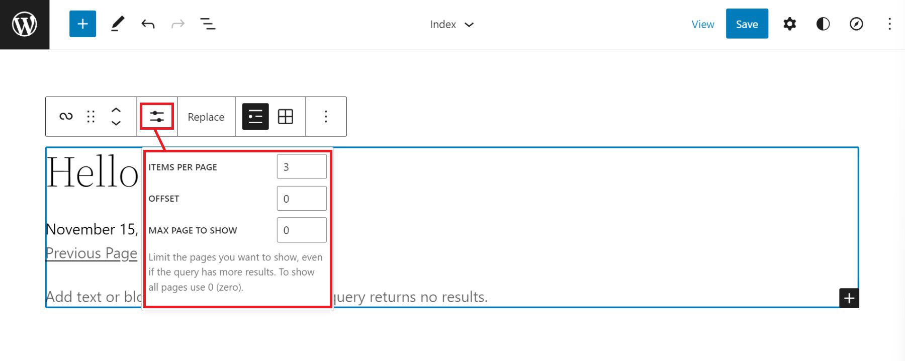 Barra de herramientas de Query Loop - Configuración de visualización