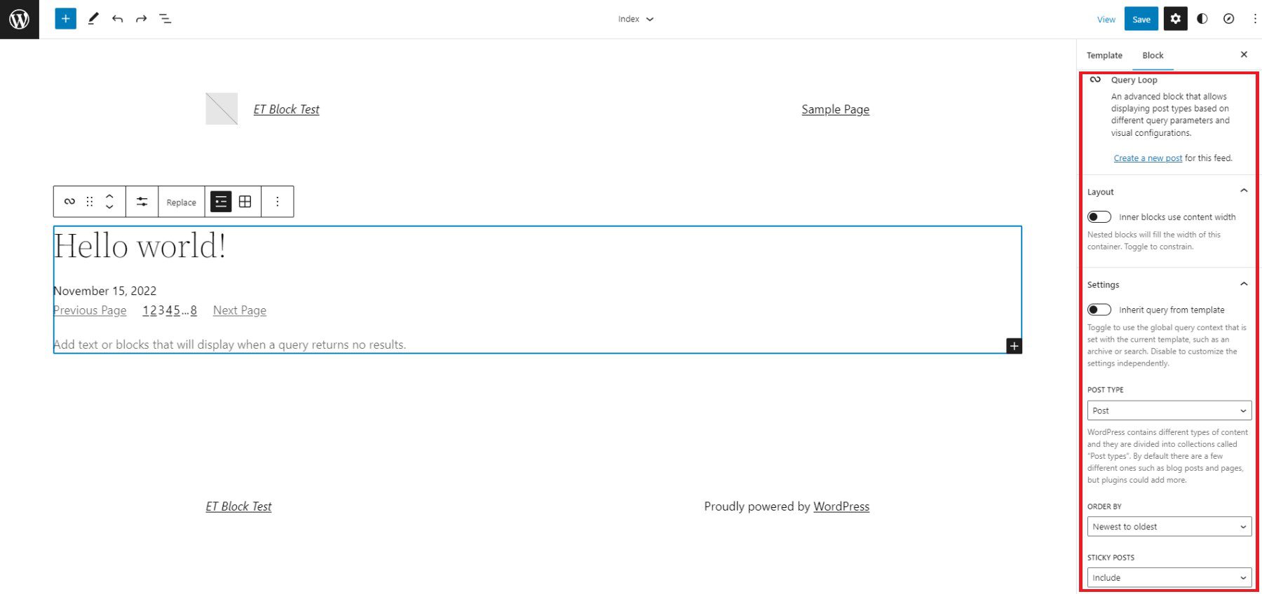 Impostazioni della barra laterale del ciclo delle query: nuovo post, layout, impostazioni delle query