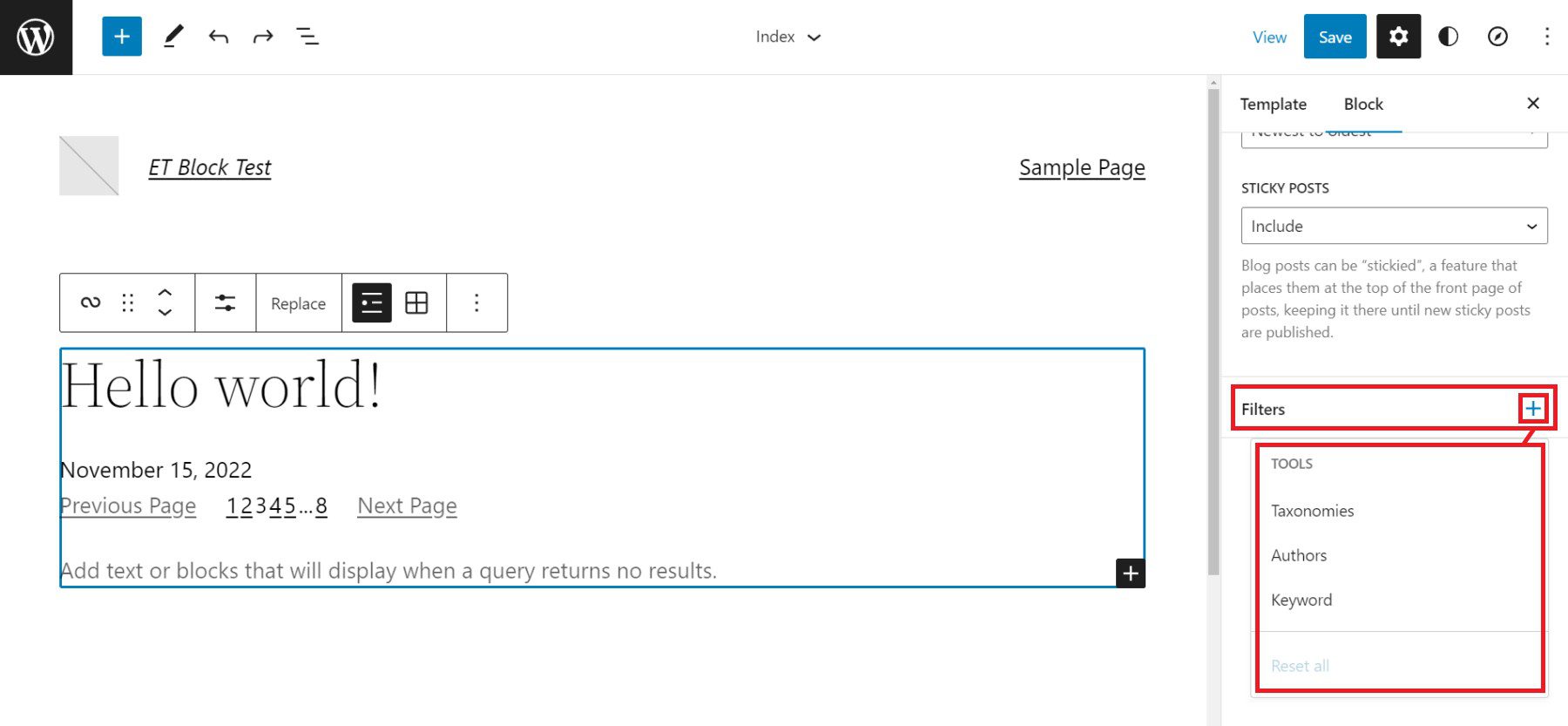 การตั้งค่าแถบด้านข้าง Query Loop - ตัวกรองข้อความค้นหา