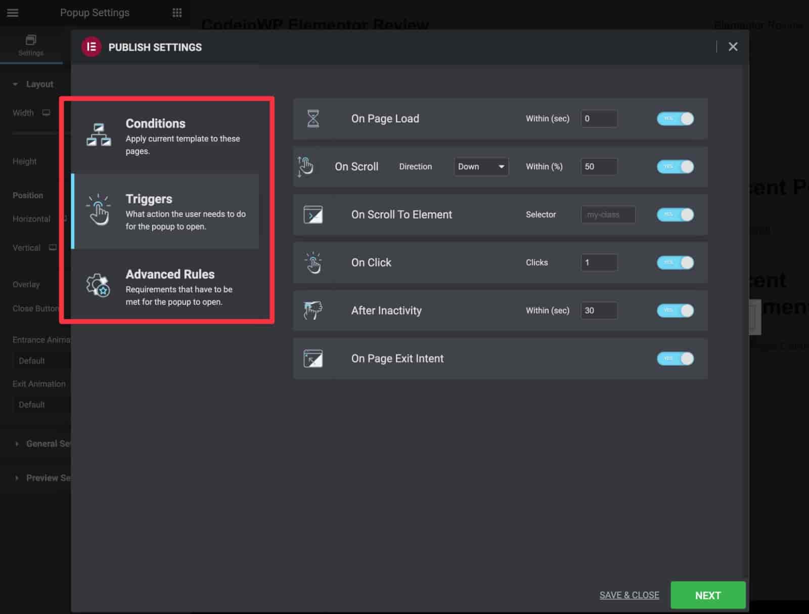 Examen Elementor des options de déclenchement du générateur de popup