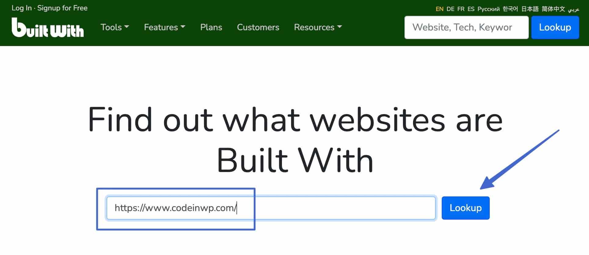 en utilisant la recherche BuiltWith pour savoir si un site Web est WordPress