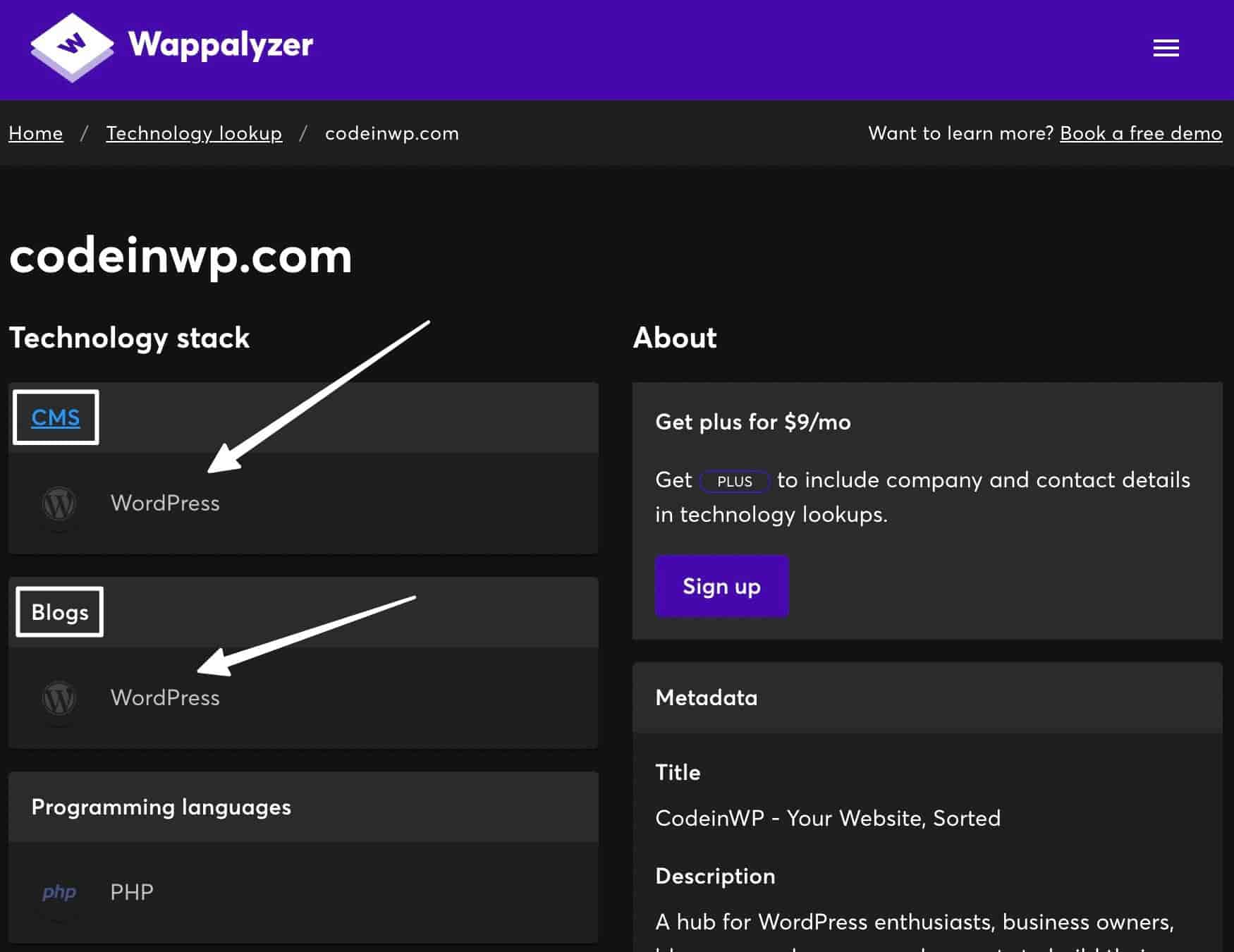 Regarder sous CMS dans Wappalyzer